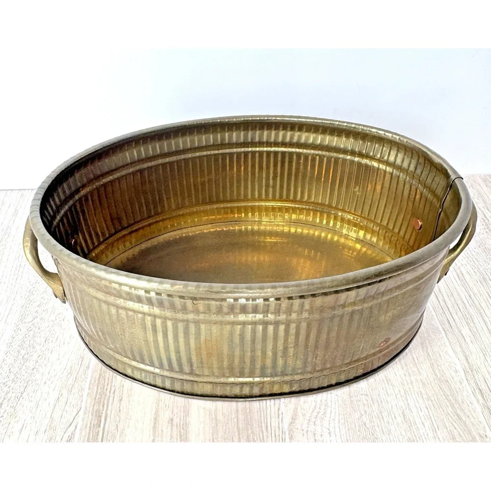 Waccamaw‎ Brass Oval Planter Bowl Handles Vintage India Ribbed Decor 8